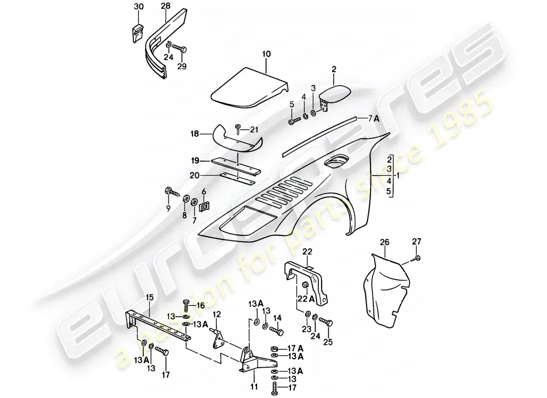 porsche 1989 (911) modelo especial - diseño de punta plana - paneles exteriores - guardabarros diagrama de piezas