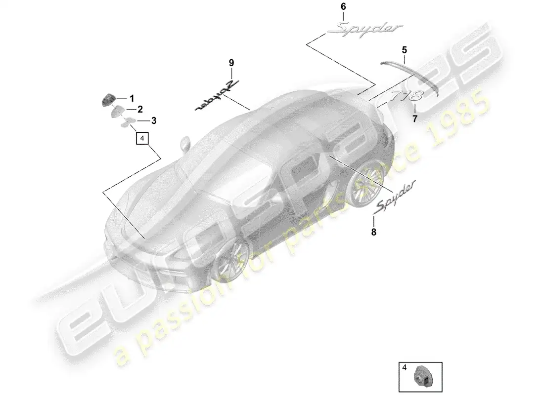 porsche 2019 (718 boxster spyder) placas de identificación diagrama de piezas