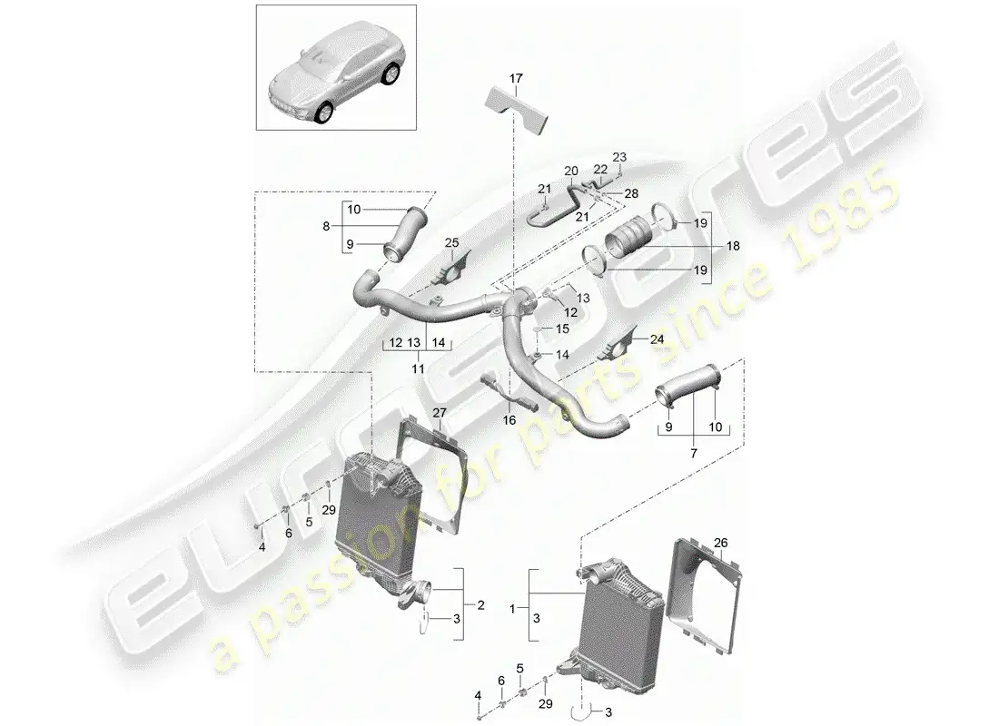 porsche 2018 (macan) diagrama de piezas del enfriador de aire de carga