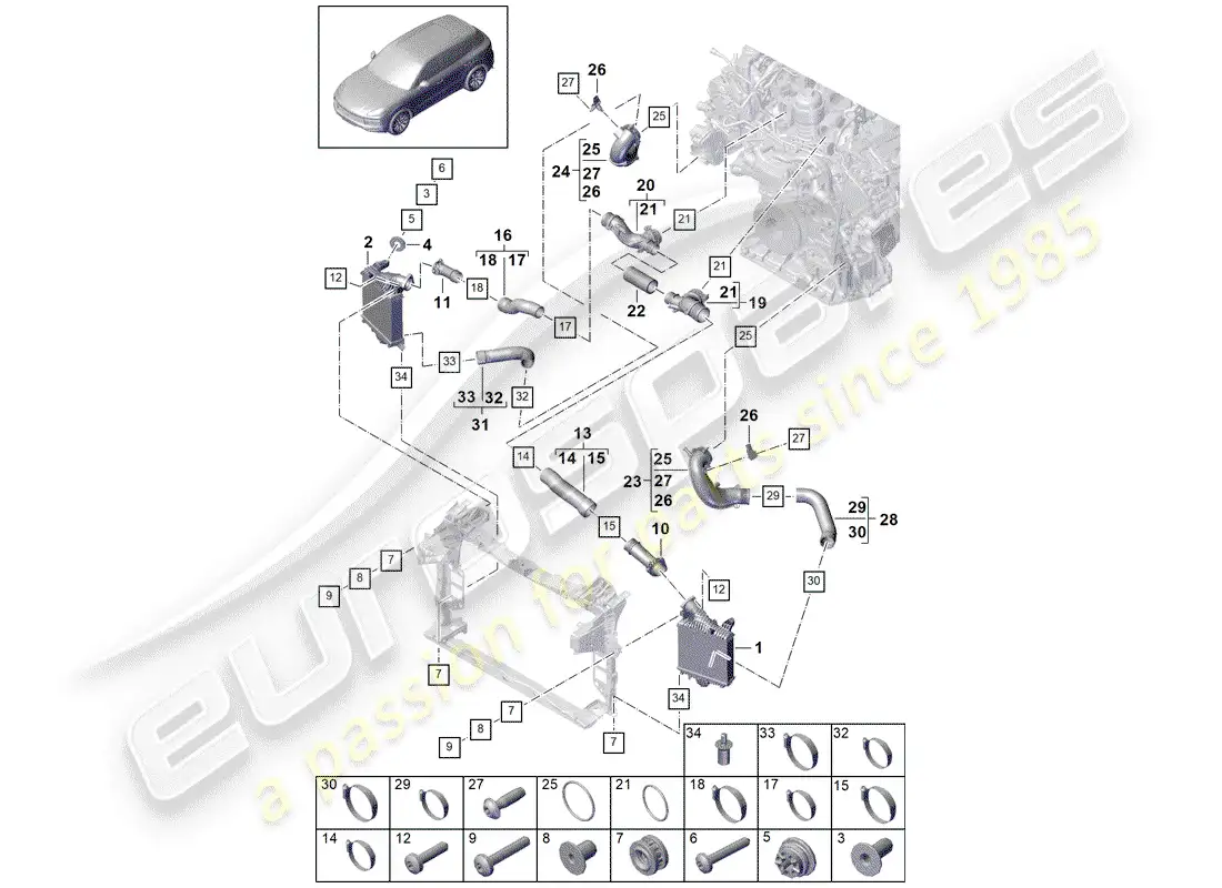 porsche 2019 (cayenne e3 9ya/9yb) enfriador de aire de carga diagrama de piezas