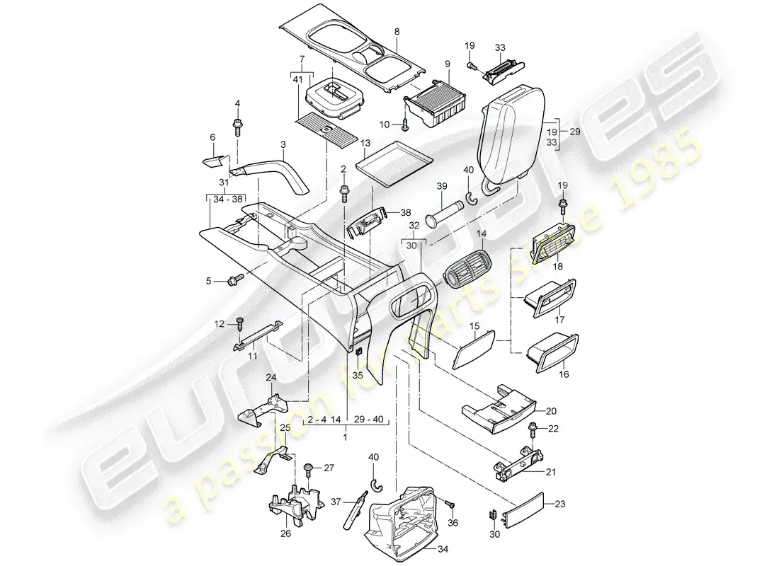 porsche 2010 (cayenne e1 9pa) center console diagrama de piezas