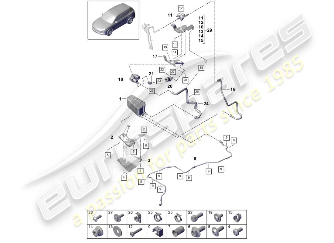 porsche 2022 (cayenne e3 9ya/9yb) contenedor de carbón activado diagrama de piezas