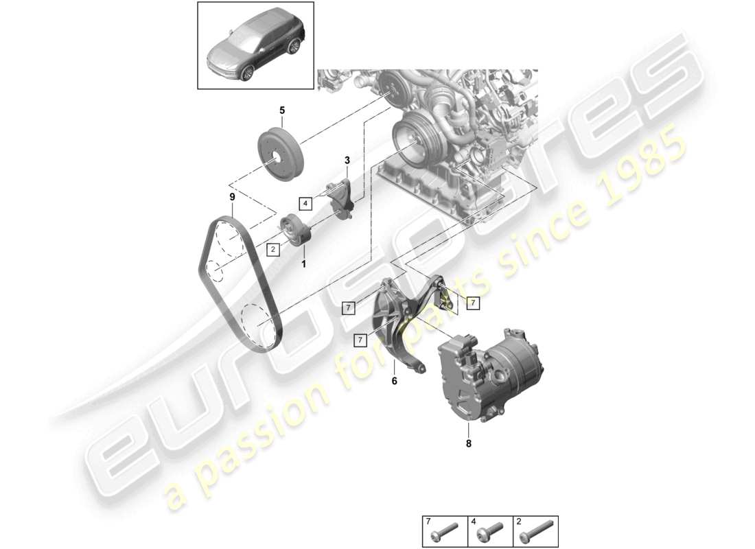 porsche 2022 (cayenne e3 9ya/9yb) diagrama de piezas del amortiguador del tensor de correa de correa poli v
