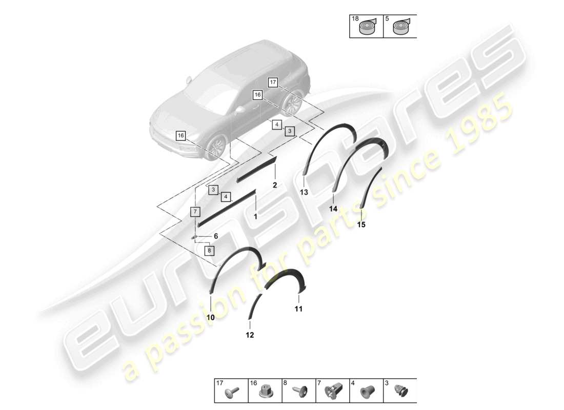 porsche 2022 (cayenne e3 9ya/9yb) diagrama de piezas exterior inferior de la cubierta del paso de rueda