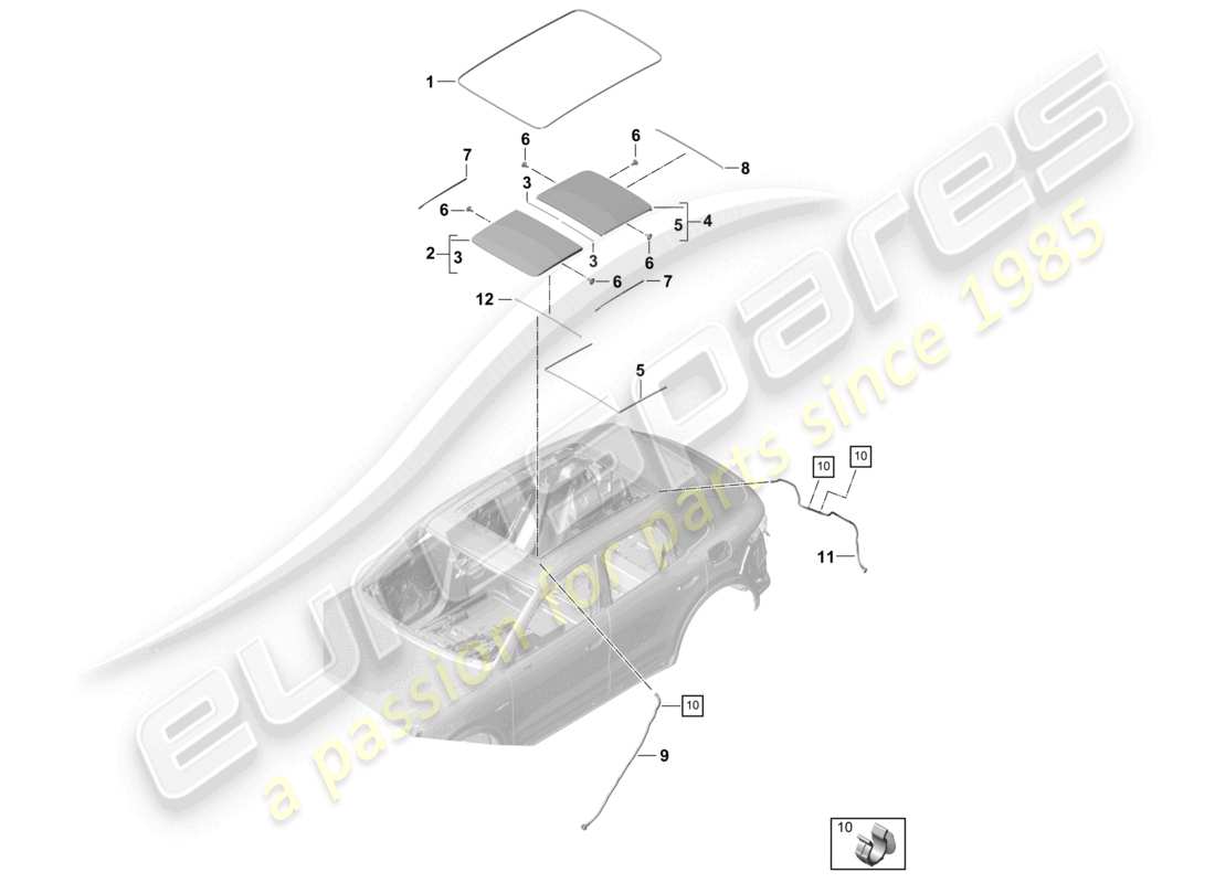 porsche 2024 (cayenne e3 9ya/9yb) accesorios de techo de vidrio cubierta manguera de drenaje de agua diagrama de piezas