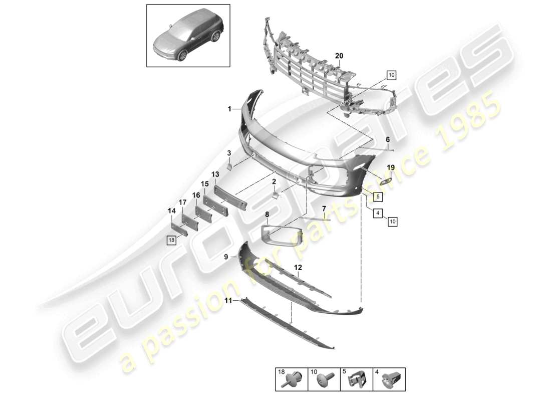 porsche 2023 (cayenne e3 9ya/9yb) parachoques delantero turbo diagrama de piezas