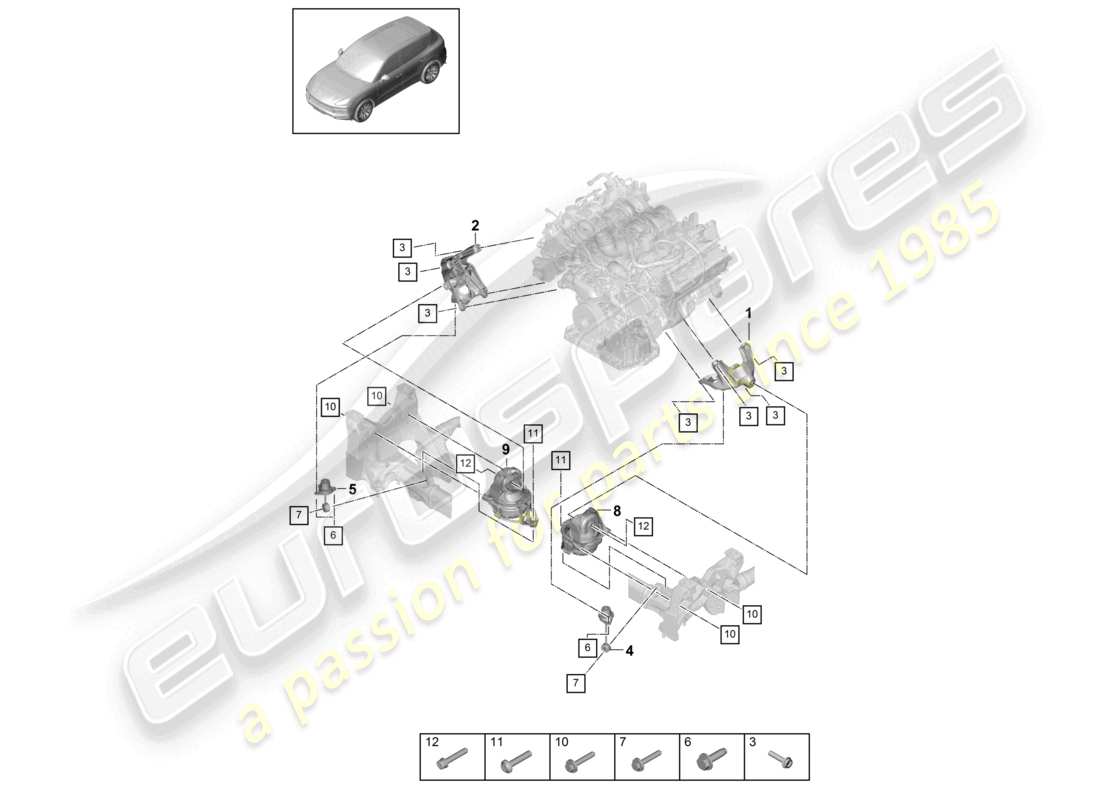porsche 2022 (cayenne e3 9ya/9yb) aparejo de elevación del motor consola inferior para montaje del motor diagrama de piezas de montaje del motor