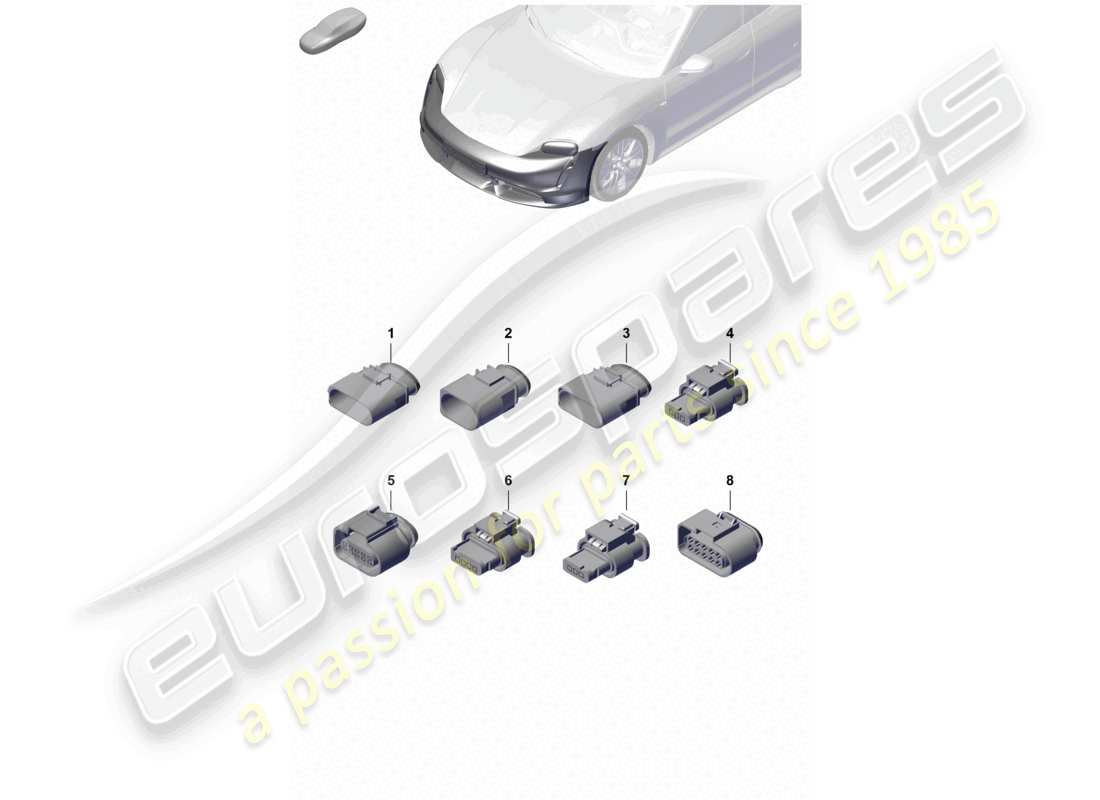 porsche 2021 (taycan 9j1-1) diagrama de la parte delantera de la carcasa del conector para parachoques y pieza de iluminación