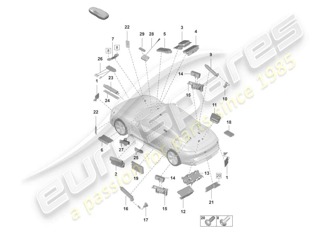 porsche 2021 (taycan 9j1-1) diagrama de piezas del lector de tarjetas con chip aéreo para el sistema de peaje de carreteras