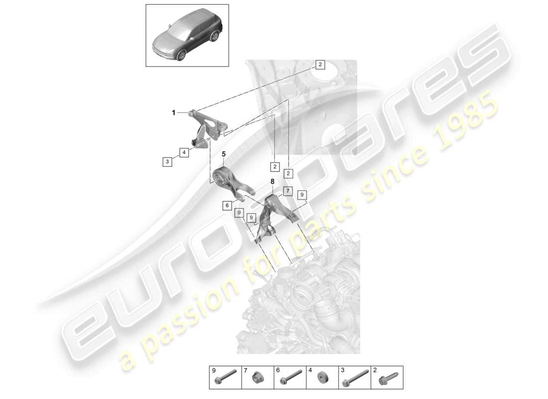 porsche 2024 (cayenne e3 9ya/9yb) diagrama de piezas del soporte del motor del aparejo de elevación superior del motor