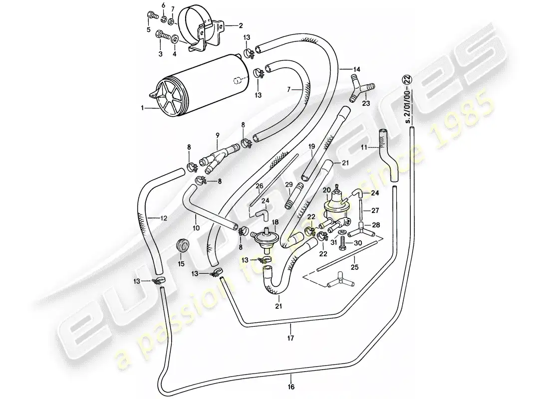 porsche 1986 (928) ventilación del tanque diagrama de piezas