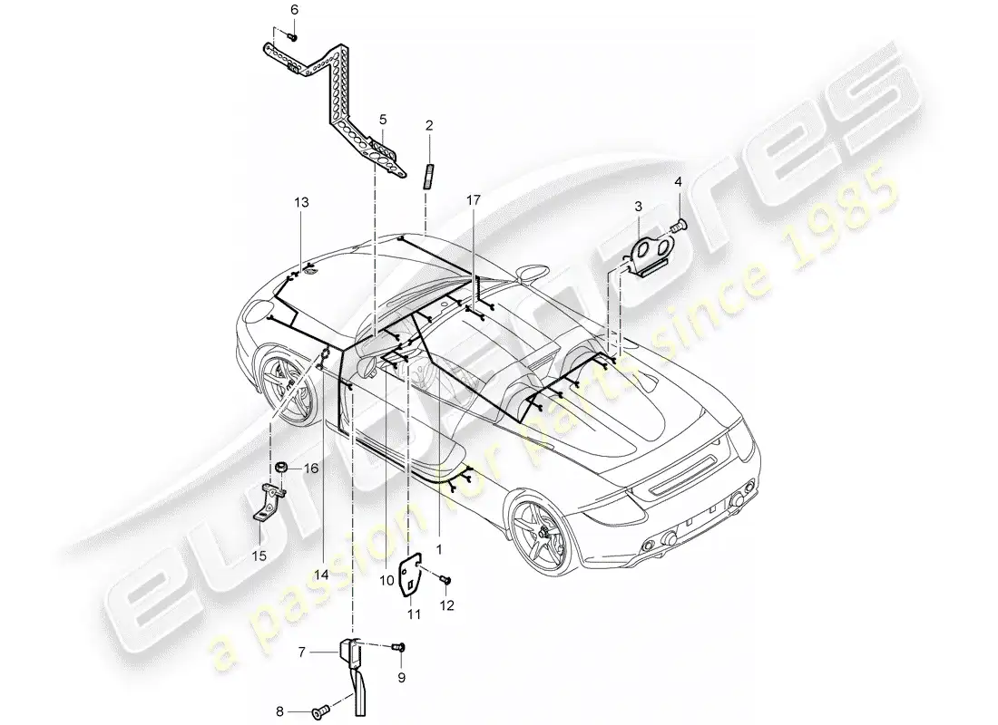 porsche 2006 (carrera gt) mazo de cables - habitáculo - pedales - luz del maletero - repetidor de intermitentes - luz de la guantera - kit de reparación - sistema de freno antibloqueo -abs- - indicador de desgaste de pastillas de freno - eje delantero diagrama de piezas