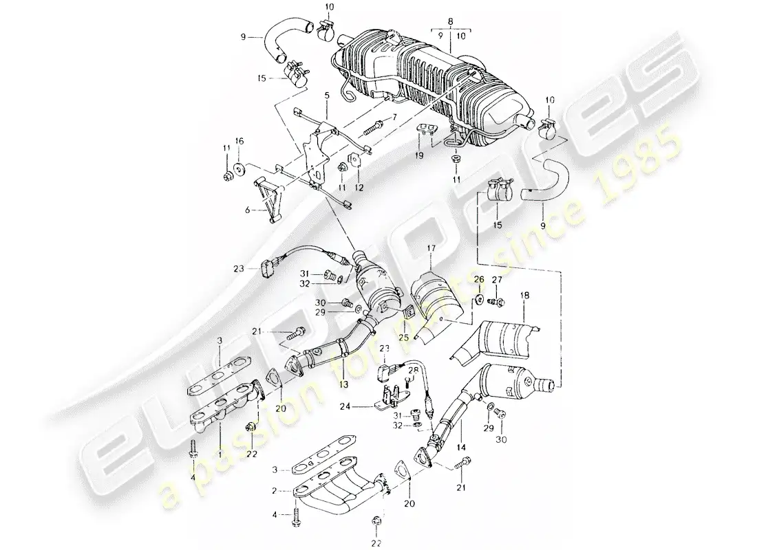 porsche 2001 (986 boxster) sistema de escape - m 96.20 diagrama de piezas