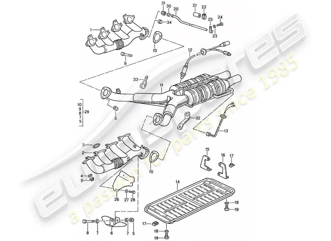 porsche 1990 (928) sistema de escape - catalizador diagrama de piezas