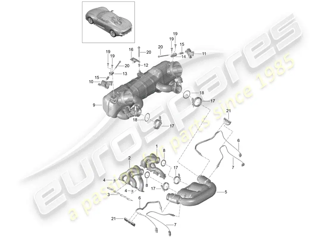 porsche 2015 (918 spyder) sistema de escape diagrama de piezas