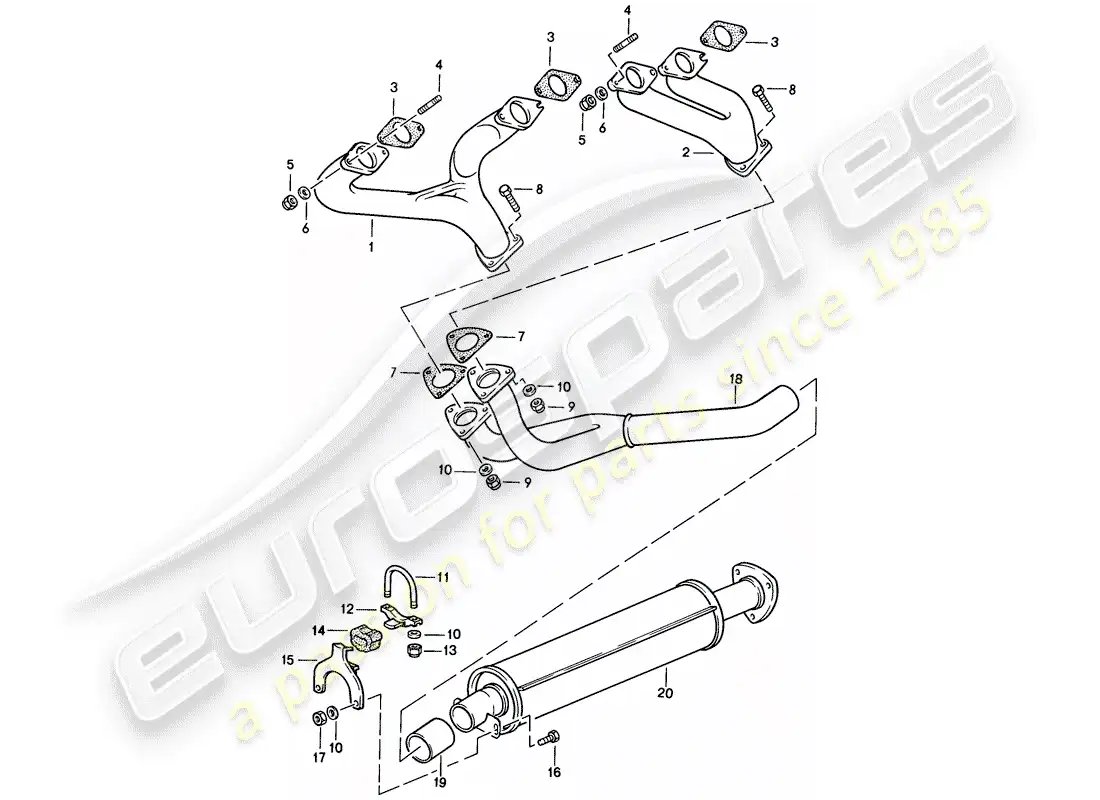 porsche 1986 (944) sistema de escape - silenciador de escape, delantero diagrama de piezas