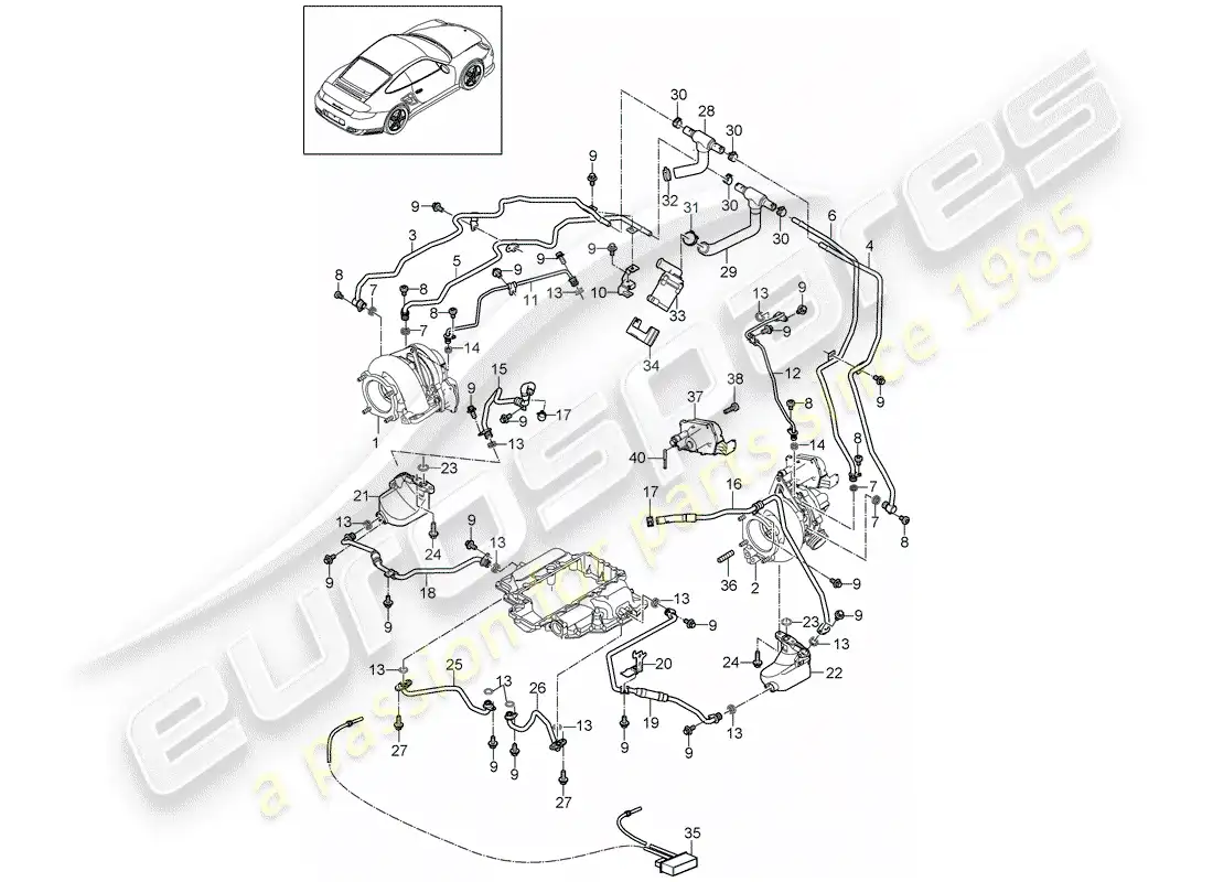 porsche 2012 (997-2 turbo / gt2 rs) turbocompresor de gases de escape diagrama de piezas