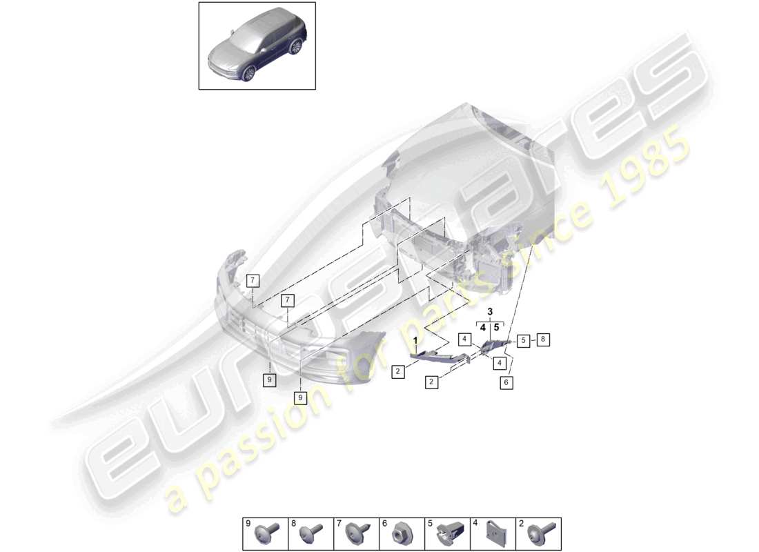 porsche 2024 (cayenne e3 9ya/9yb) diagrama de piezas de los sujetadores del parachoques delantero