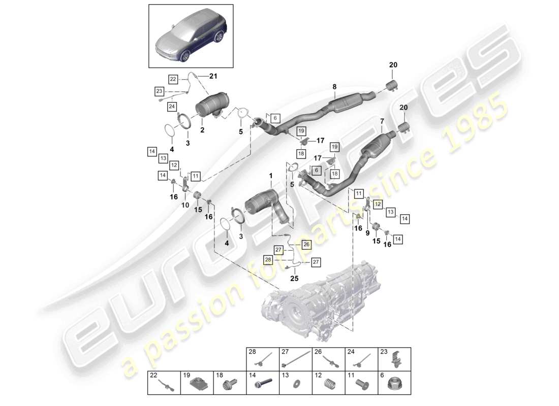 porsche 2022 (cayenne e3 9ya/9yb) sistema de escape convertidor catalítico filtro de partículas de gasolina sonda lambda diagrama de piezas