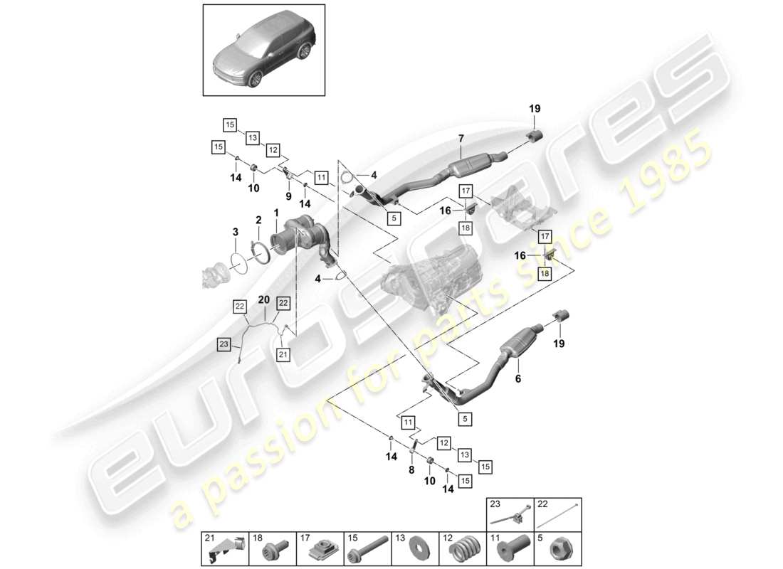 porsche 2024 (cayenne e3 9ya/9yb) sistema de escape convertidor catalítico filtro de partículas de gasolina sonda lambda diagrama de piezas