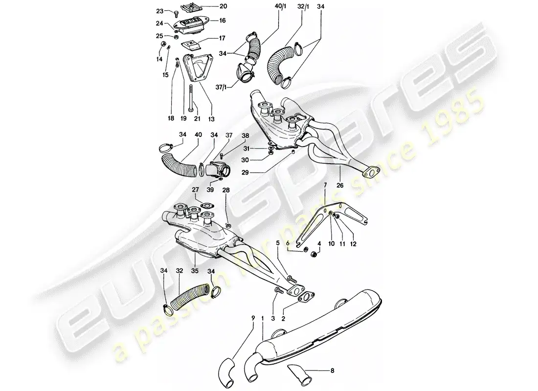 porsche 1971 (914) sistema de escape - suministro de aire de calefacción - suspensión del motor diagrama de piezas