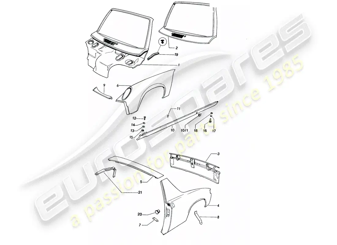 porsche 1974 (914) paneles exteriores diagrama de piezas