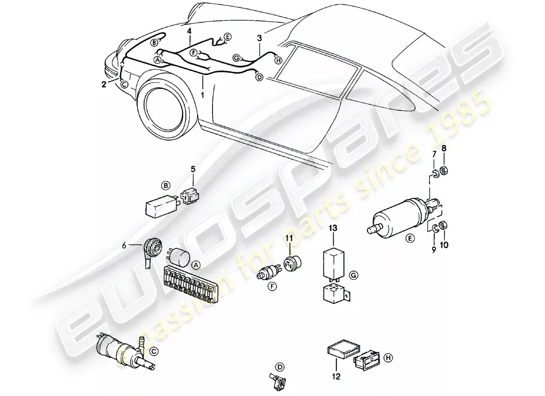 porsche 1980 (911) arneses de cableado - sistema arandela - testigo - bomba de combustible diagrama de piezas