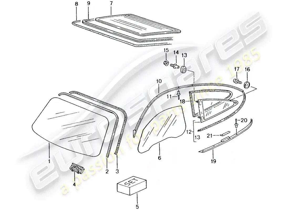 porsche 2004 (996 turbo / gt2) diagrama de piezas de vidrios para ventanas