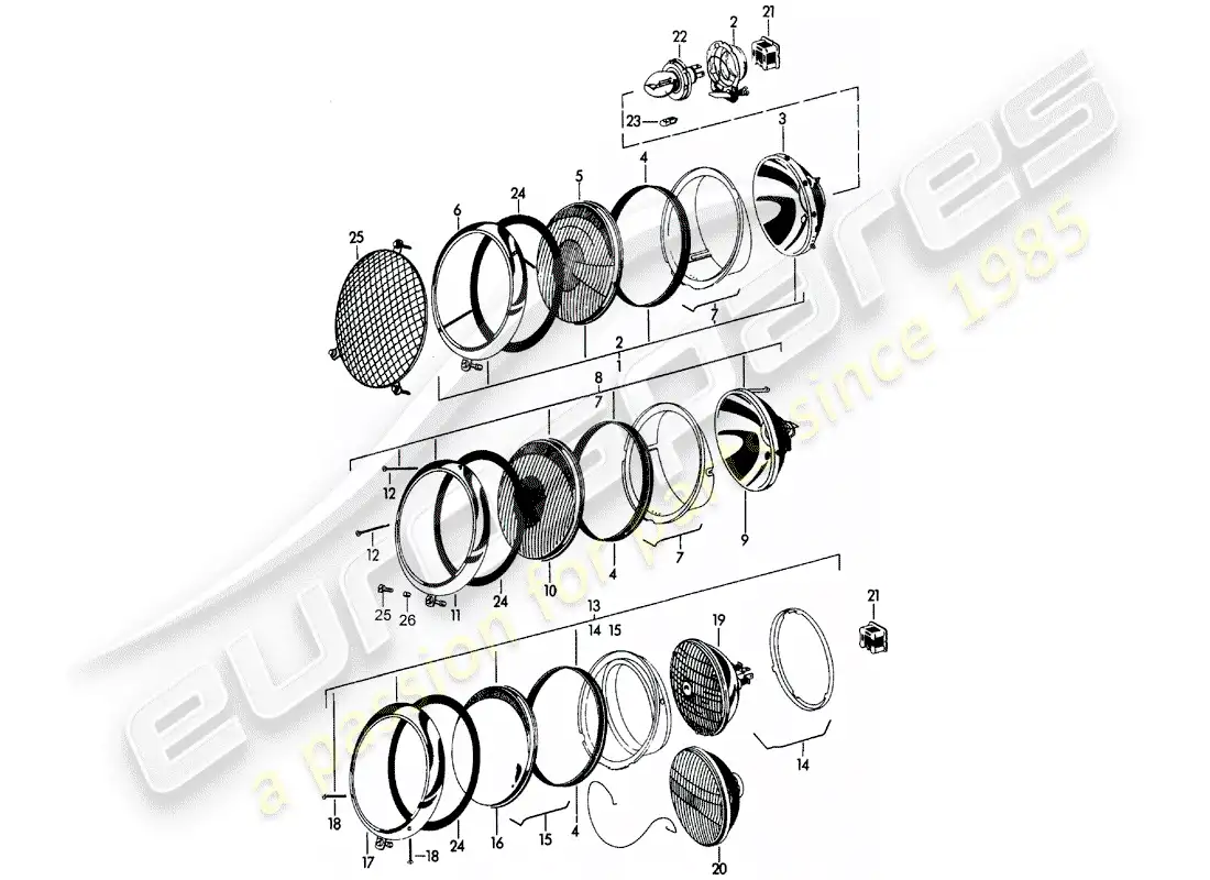 porsche 1964 (356b/356c) lámpara de cabeza diagrama de piezas