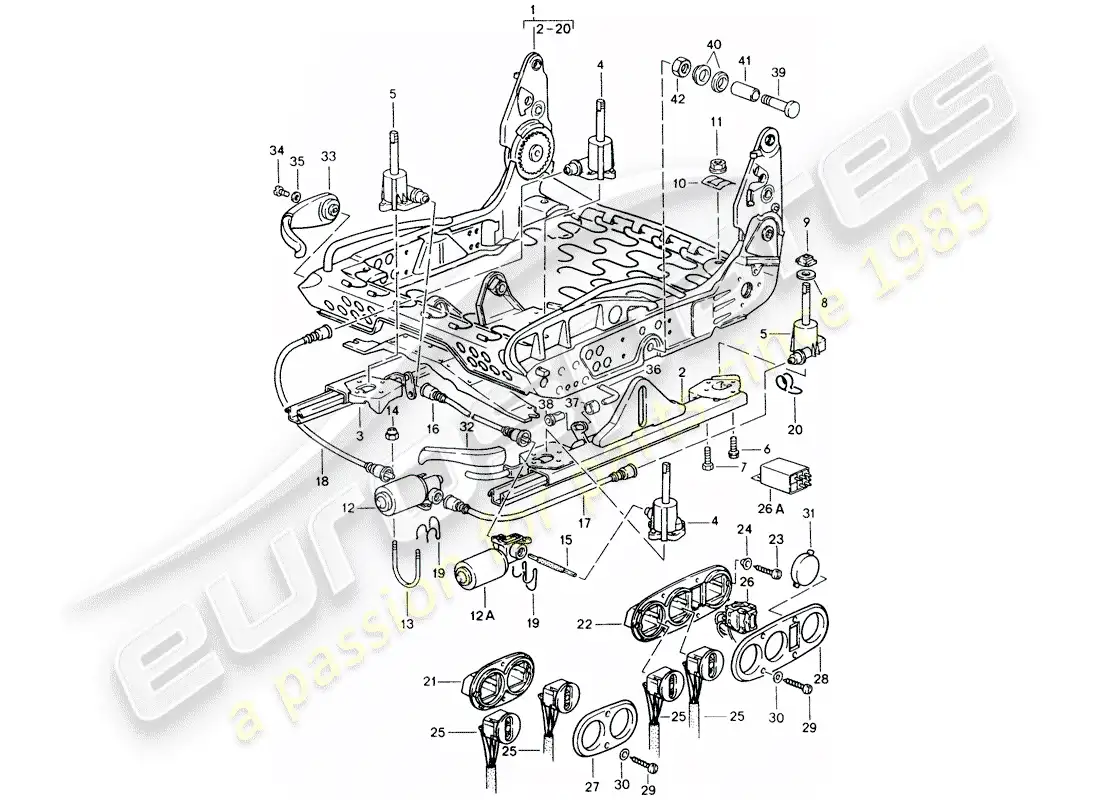 porsche 1986 (911) asiento deportivo - estructura para asiento diagrama de piezas