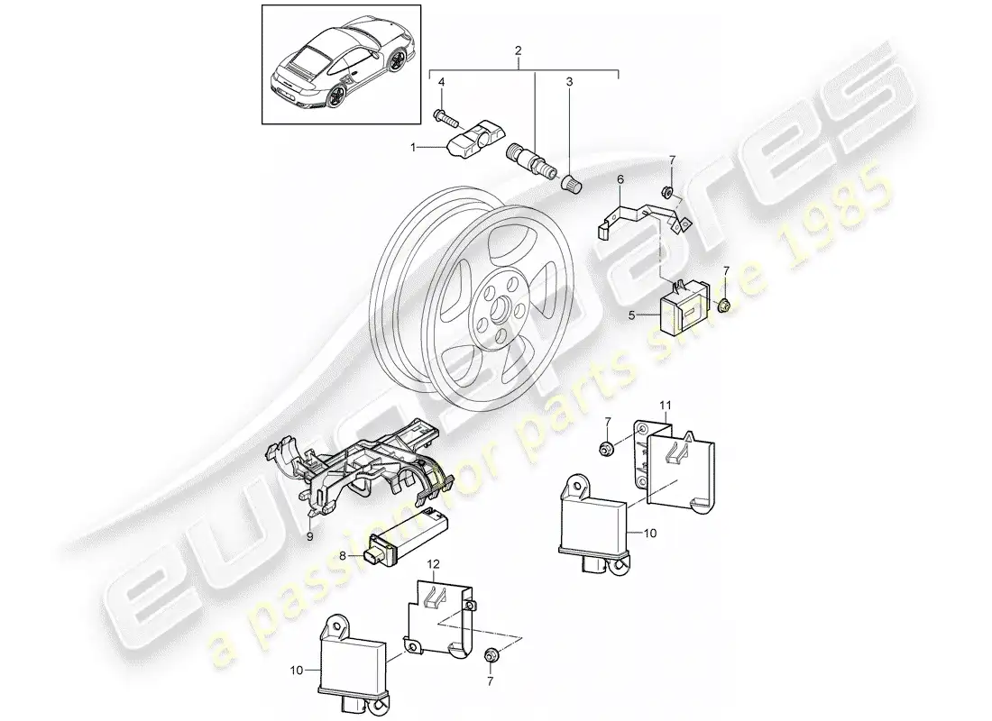 porsche 2013 (997-2 turbo / gt2 rs) sistema de control de presión de neumáticos diagrama de piezas