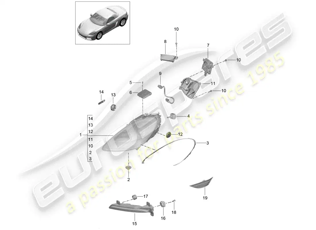 porsche 2018 (718 boxster) lámpara de cabeza diagrama de piezas