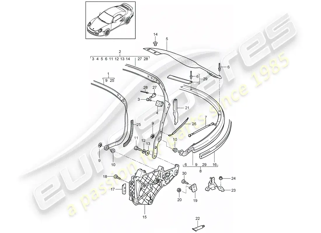 porsche 2011 (997-2 turbo / gt2 rs) diagrama de piezas del marco superior