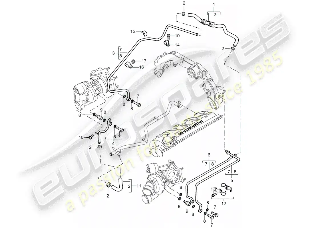 porsche 2003 (cayenne e1 9pa) turbocompresor de gases de escape diagrama de piezas