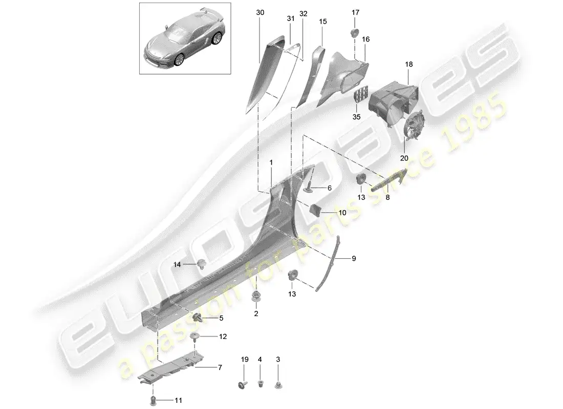 porsche 2016 (981 cayman gt4) diagrama de piezas del guarnecido de los miembros laterales