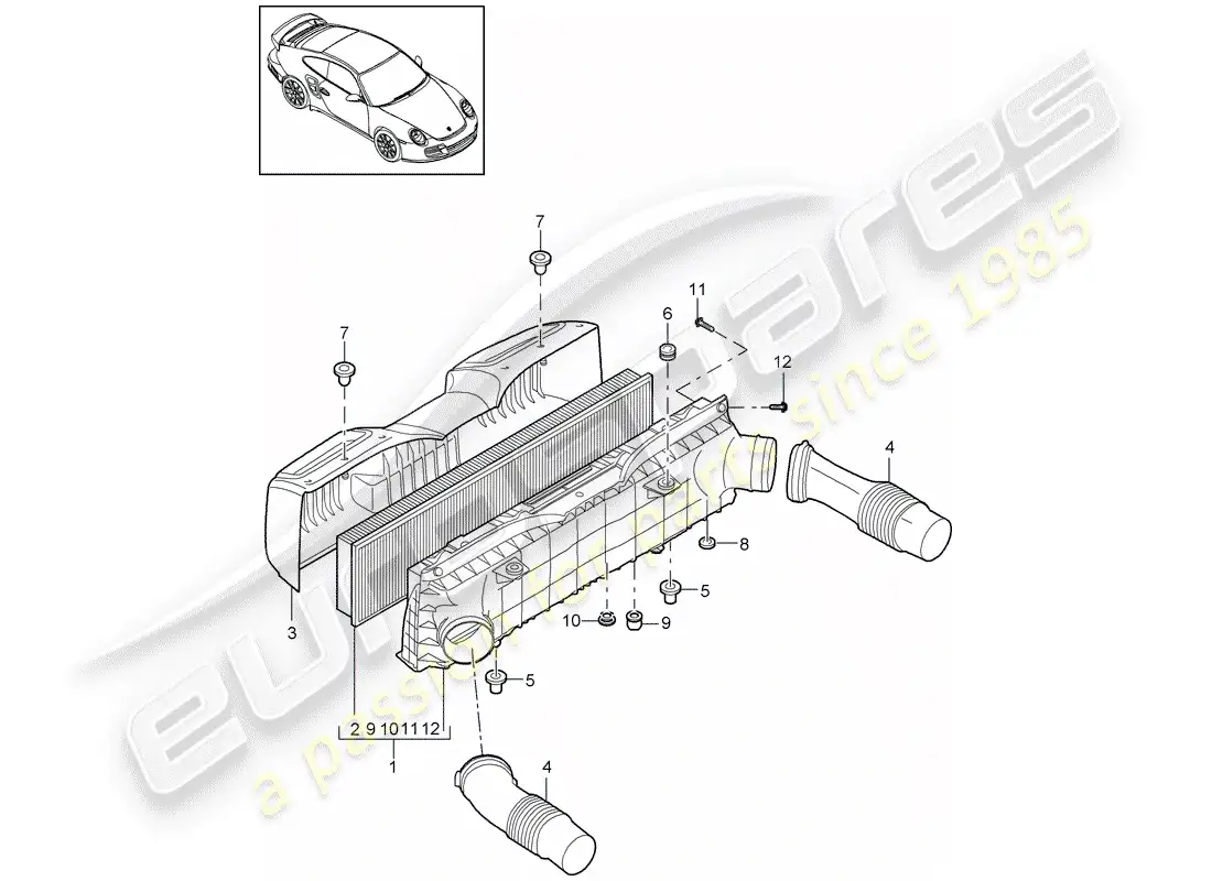 porsche 2011 (997-2 turbo / gt2 rs) diagrama de piezas del limpiador de aire