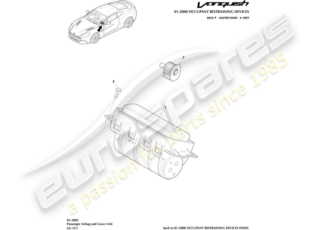 aston martin vanquish (2017) airbag, diagrama de piezas del pasajero