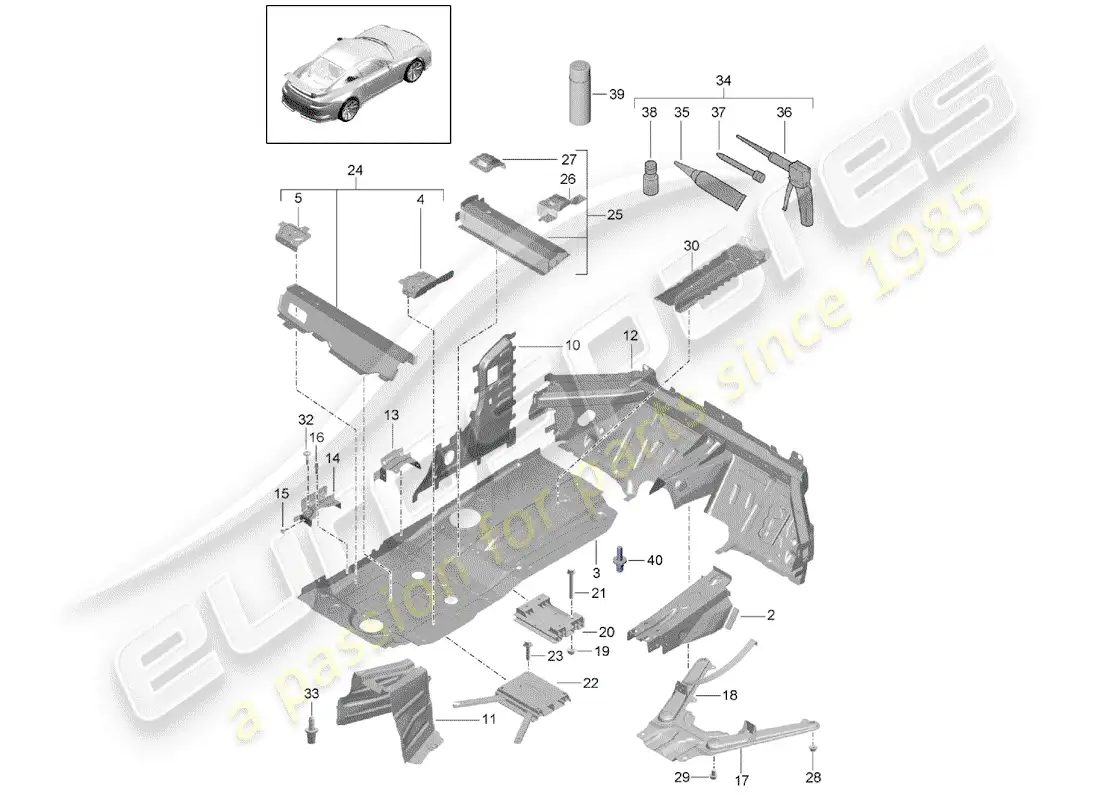 porsche 2014 (991-1 r/gt3/rs) bandeja del piso diagrama de piezas