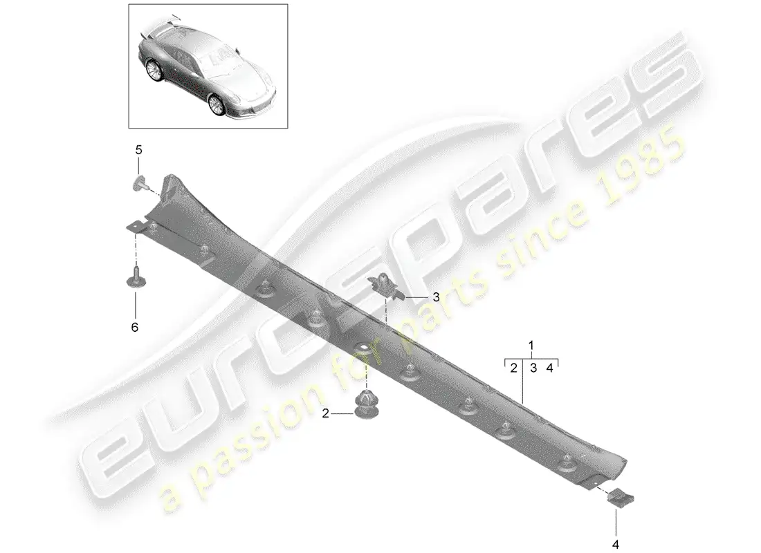 porsche 2015 (991-1 r/gt3/rs) moldura de larguero diagrama de piezas