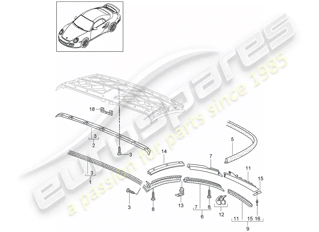 porsche 2012 (997-2 turbo / gt2 rs) top convertible diagrama de piezas