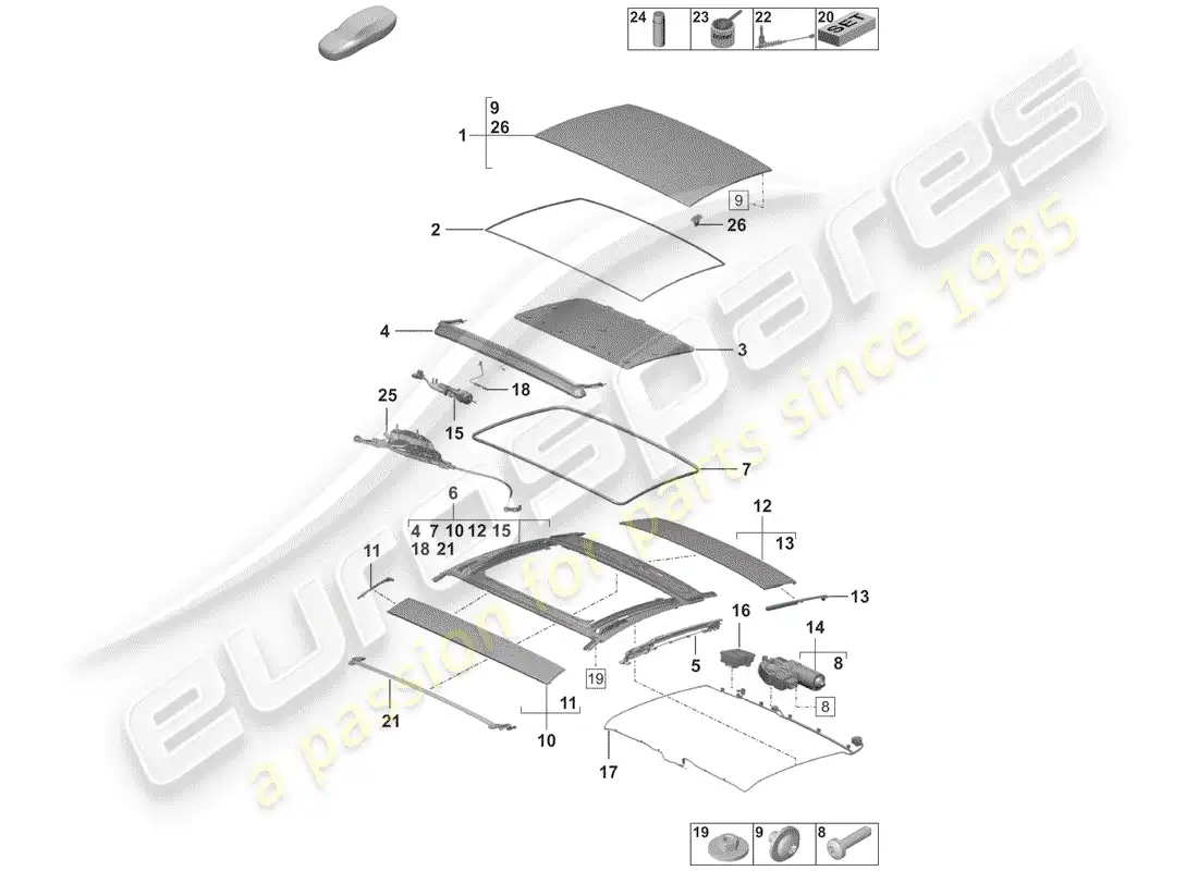 porsche 2019 (992-1) techo corredizo/abatible diagrama de piezas