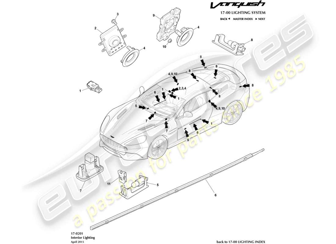 aston martin vanquish (2016) iluminación de cortesía diagrama de piezas