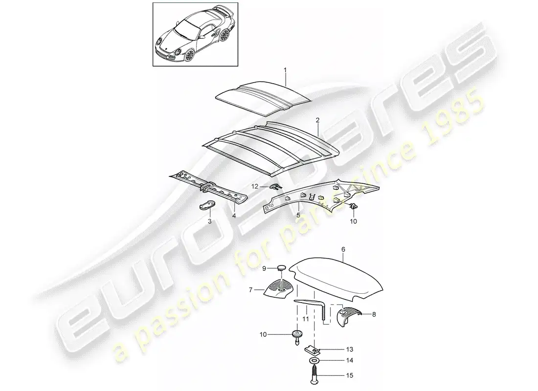 porsche 2012 (997-2 turbo / gt2 rs) techo rígido diagrama de piezas