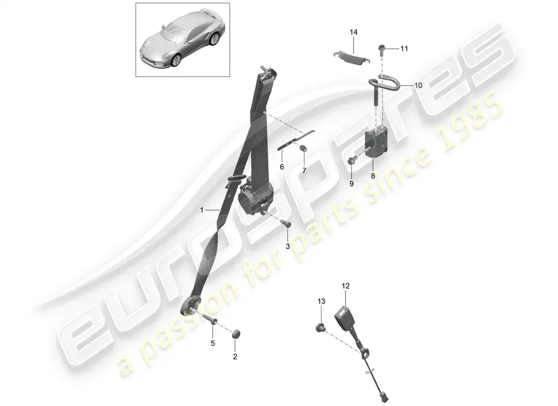 porsche 2016 (991-1 turbo) cinturón de seguridad de tres puntos diagrama de piezas