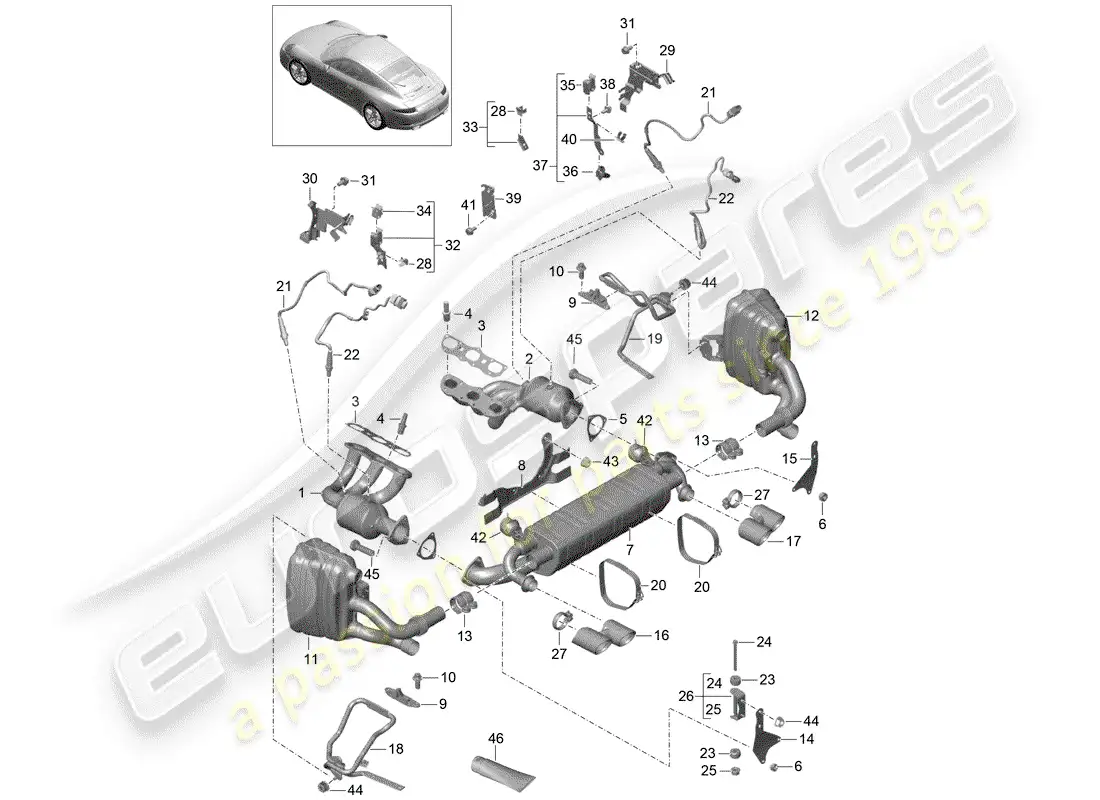 porsche 2015 (991-1) sistema de escape diagrama de piezas