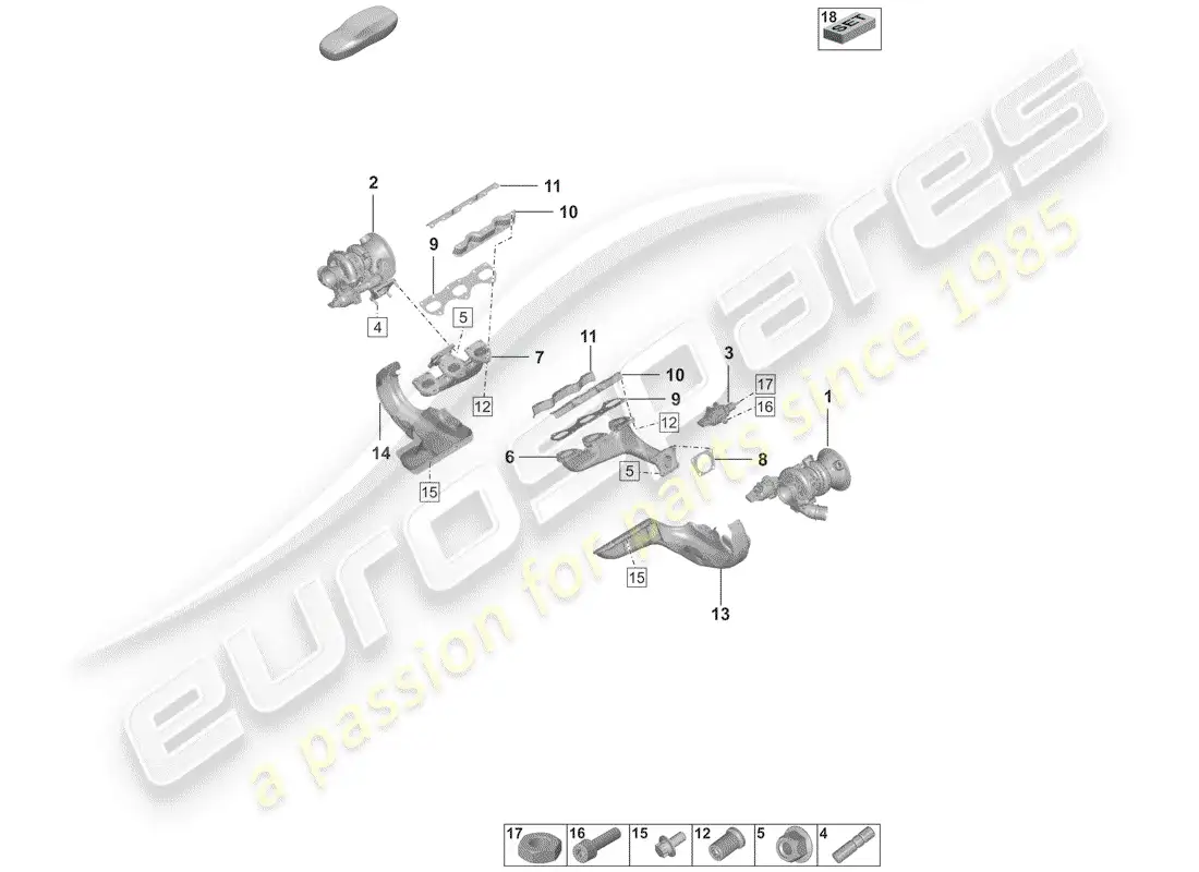 porsche 2019 (992-1) turbocompresor de gases de escape diagrama de piezas