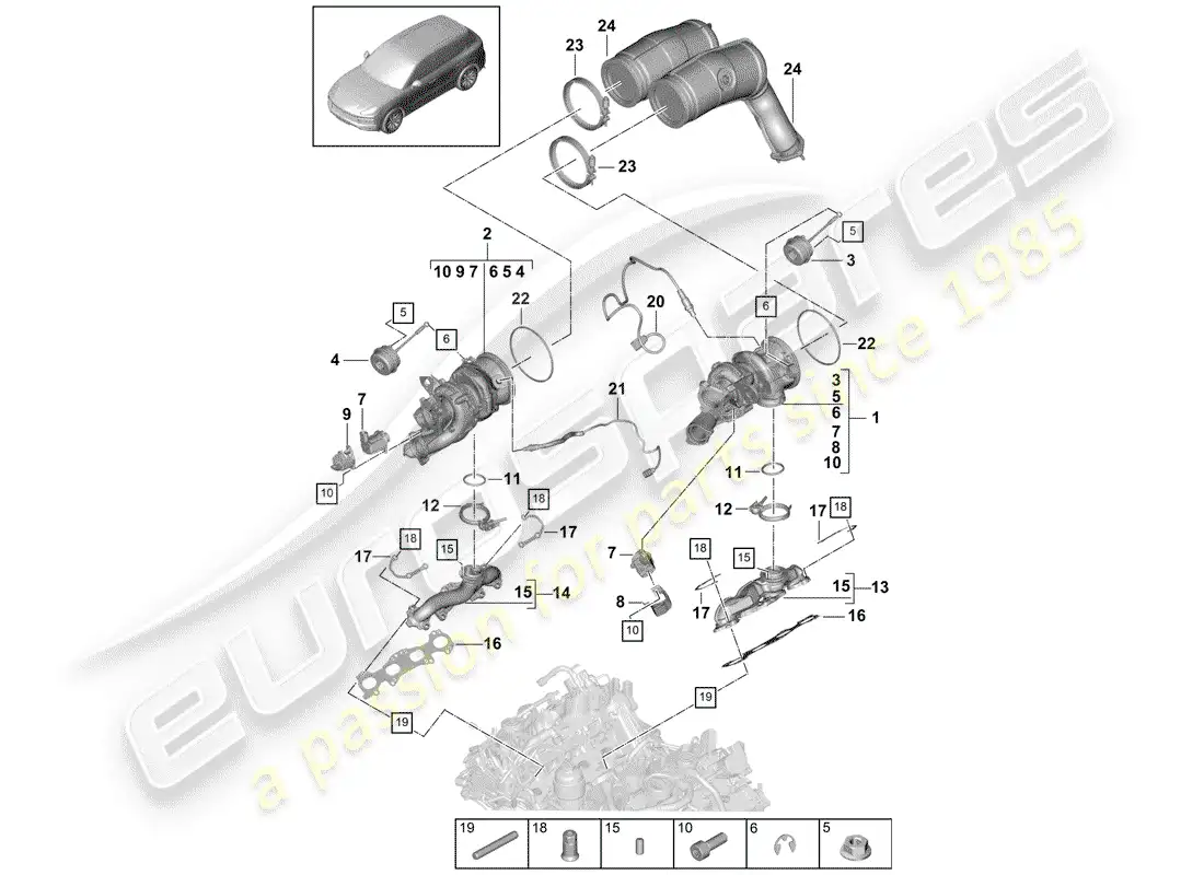porsche 2020 (cayenne e3 9ya/9yb) turbocompresor de gases de escape diagrama de piezas
