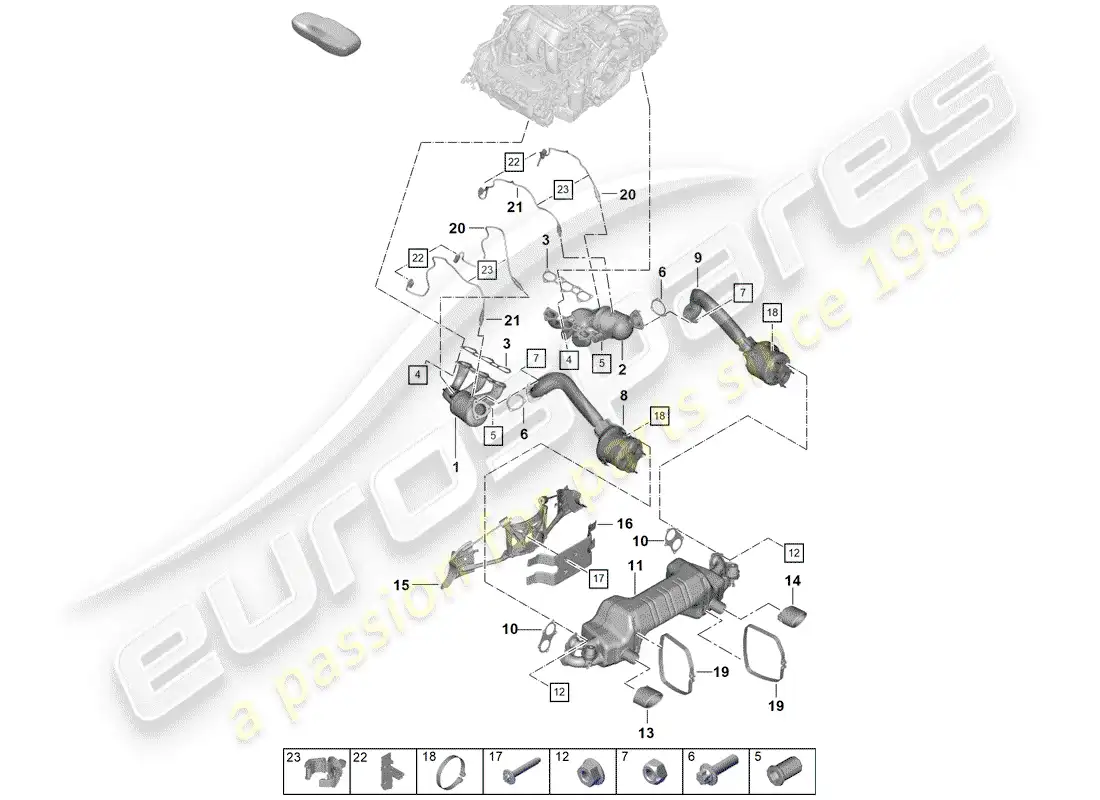 porsche 2019 (718 boxster spyder) sistema de escape diagrama de piezas