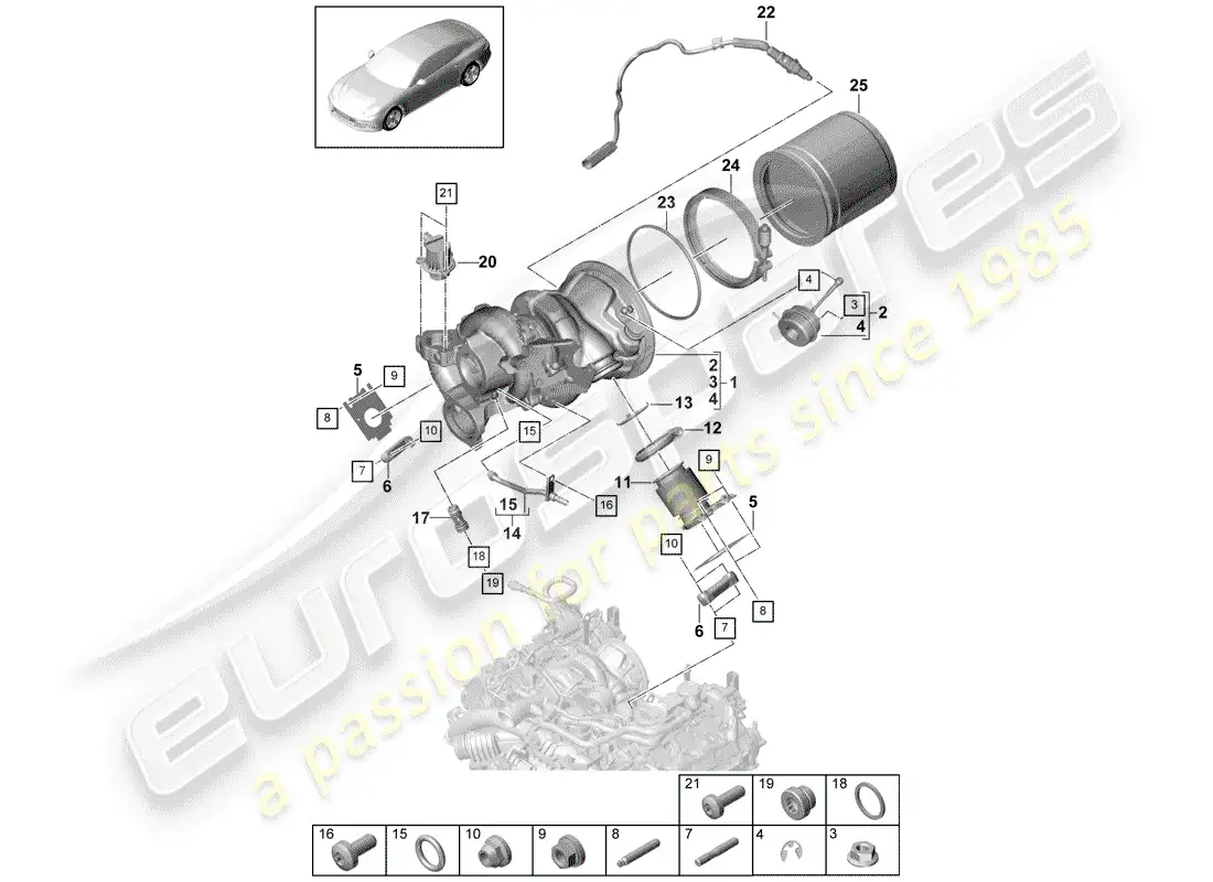 porsche 2017 (panamera 971-1) turbocompresor de gases de escape diagrama de piezas