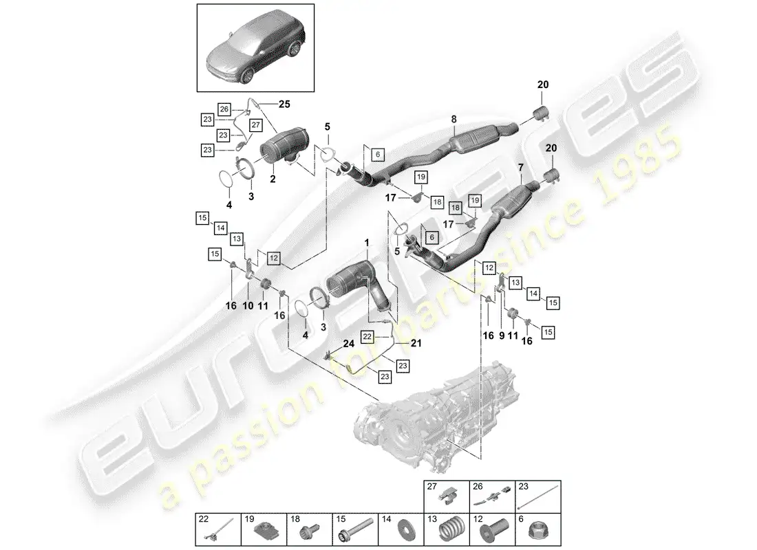 porsche 2018 (cayenne e3 9ya/9yb) sistema de escape diagrama de piezas